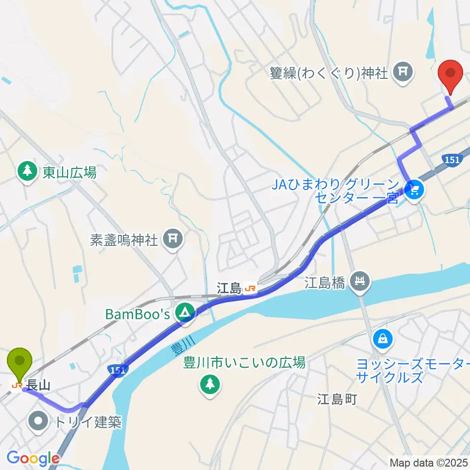 長山駅からAIピアノ教室へのルートマップ地図