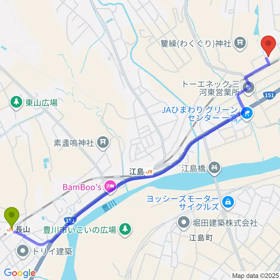 長山駅からAIピアノ教室へのルートマップ地図
