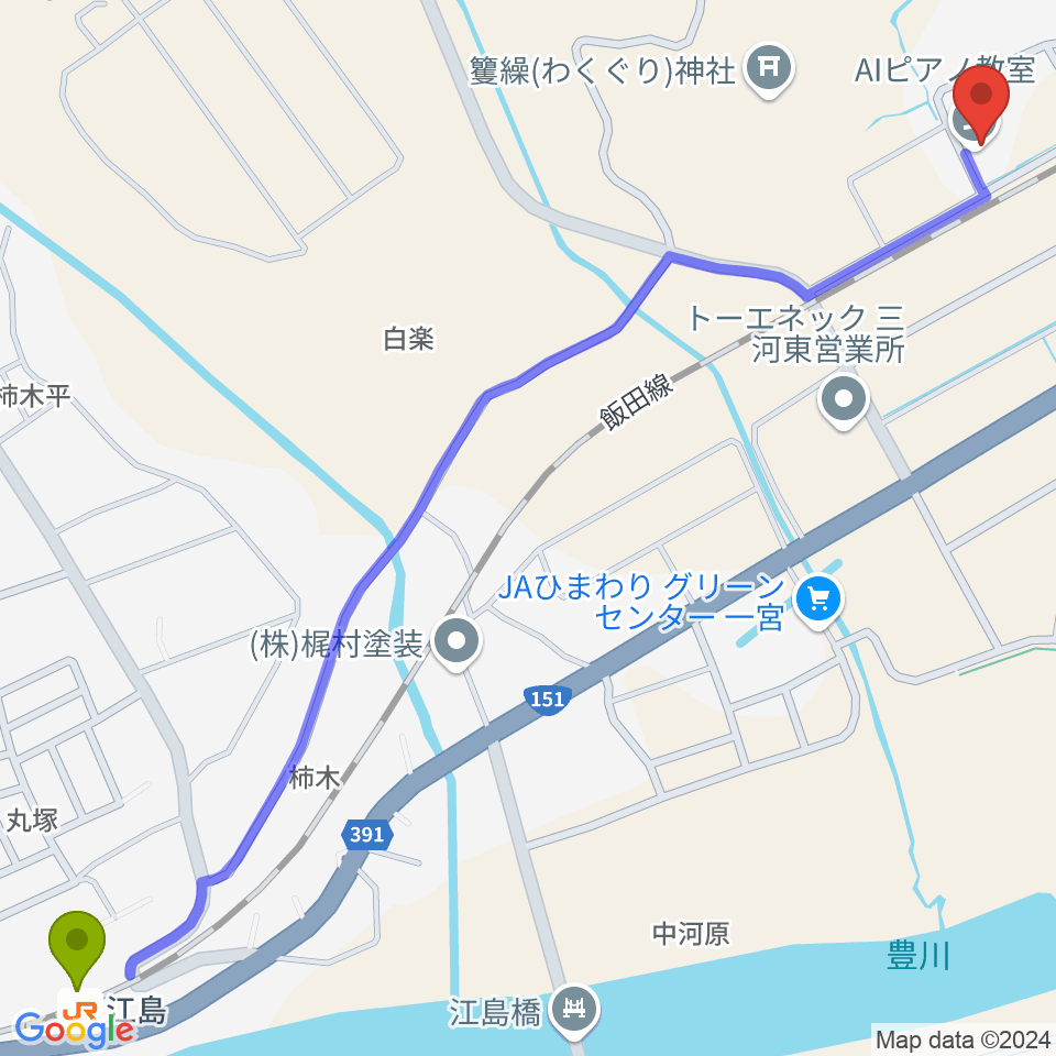江島駅からAIピアノ教室へのルートマップ地図