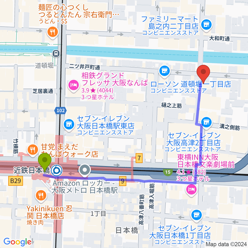 JAM`s Factoryの最寄駅近鉄日本橋駅からの徒歩ルート（約6分）地図