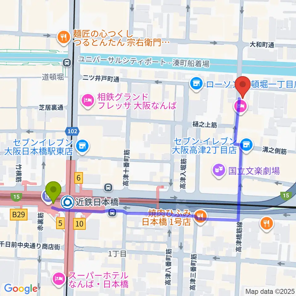 JAM`s Factoryの最寄駅近鉄日本橋駅からの徒歩ルート（約6分）地図