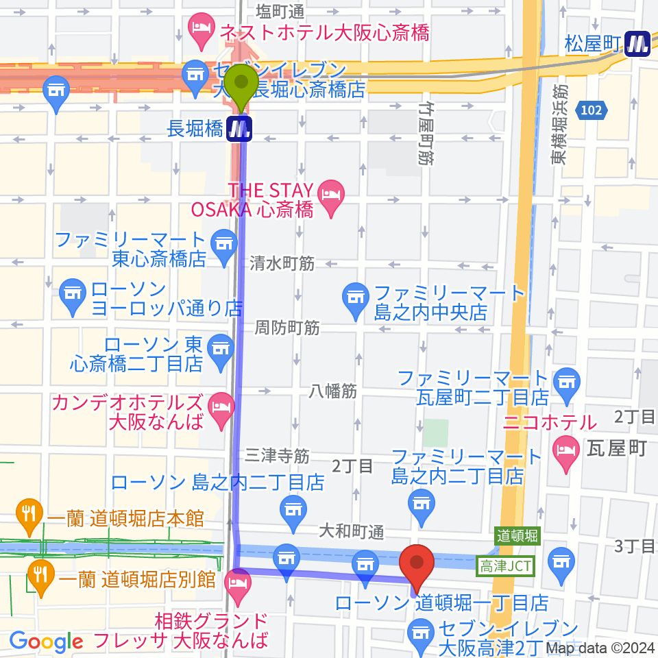 長堀橋駅からJAM`s Factoryへのルートマップ地図