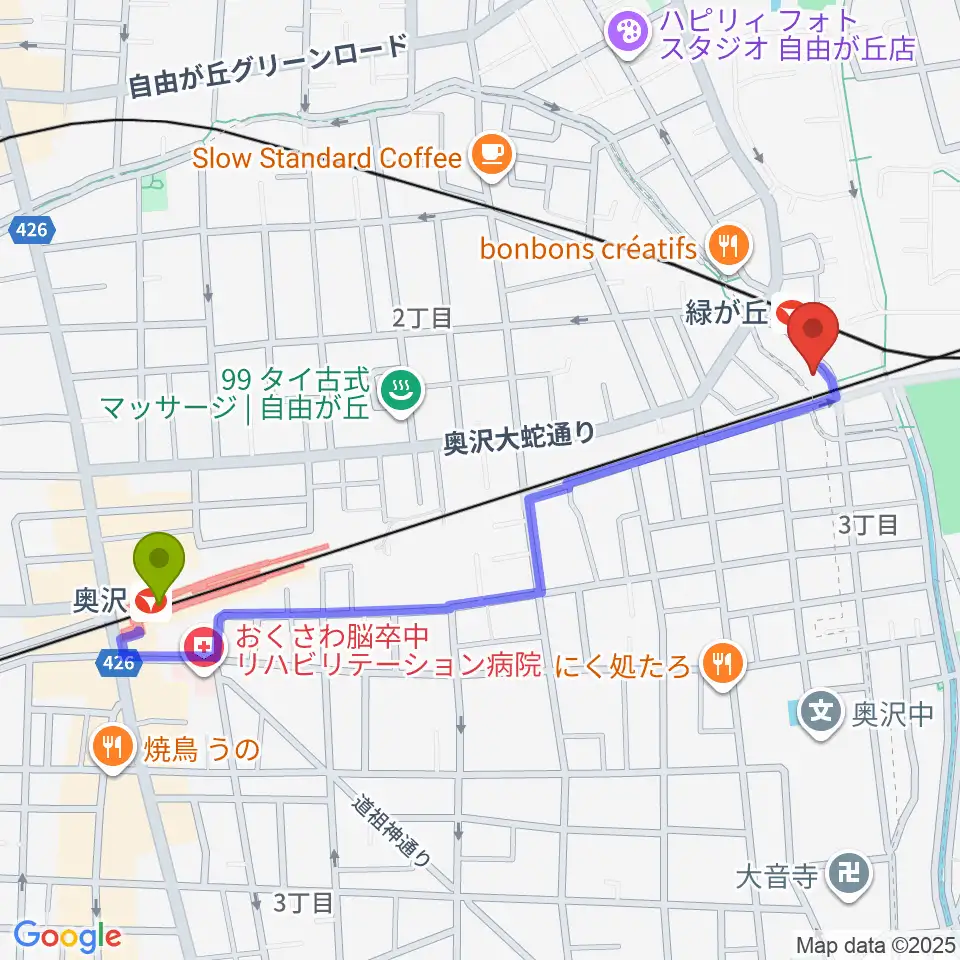 奥沢駅からi-strings 音楽教室へのルートマップ地図