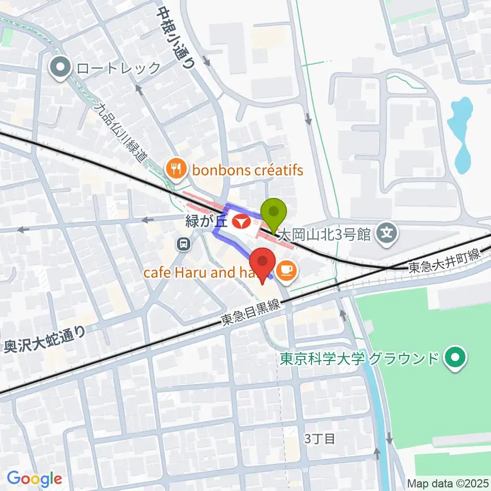 i-strings 音楽教室の最寄駅緑が丘駅からの徒歩ルート（約1分）地図