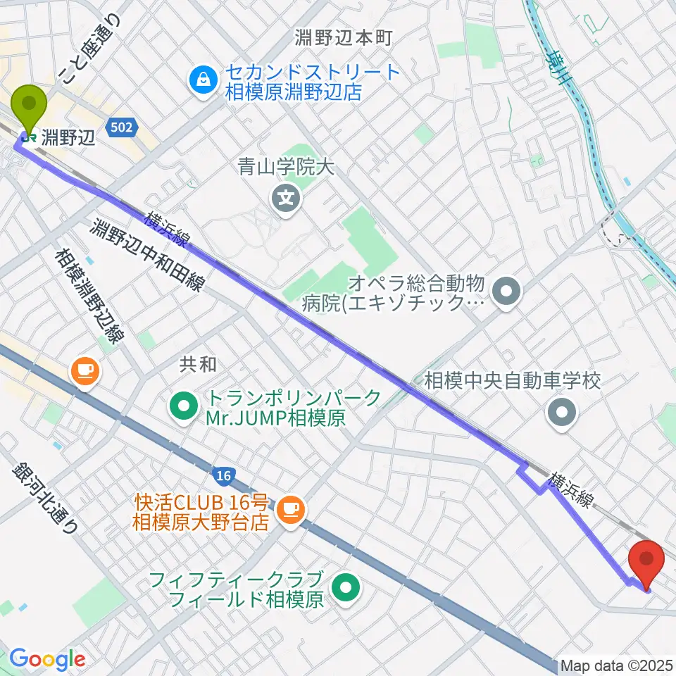 淵野辺駅からそらまめピアノ教室へのルートマップ地図