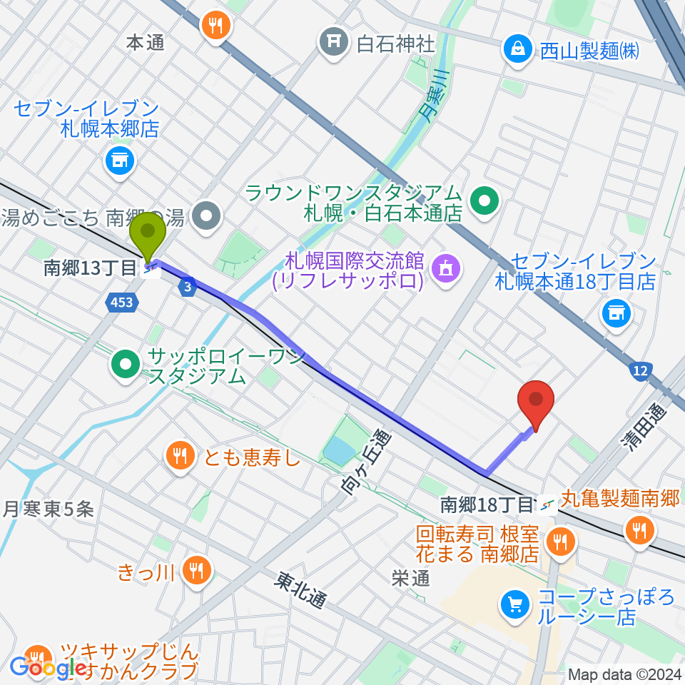 南郷１３丁目駅から未来＆みきサークルへのルートマップ地図