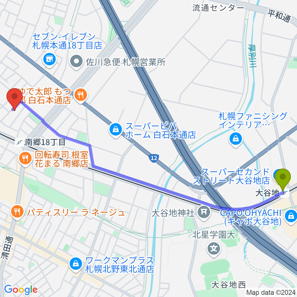 大谷地駅から未来＆みきサークルへのルートマップ地図