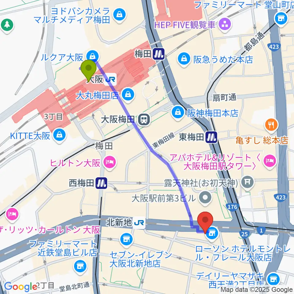 大阪駅から凛ミュージック 北新地音楽サロンへのルートマップ地図