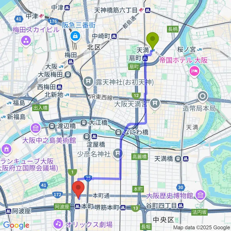 天満駅から凛ミュージック 本町ピアノサロンへのルートマップ地図