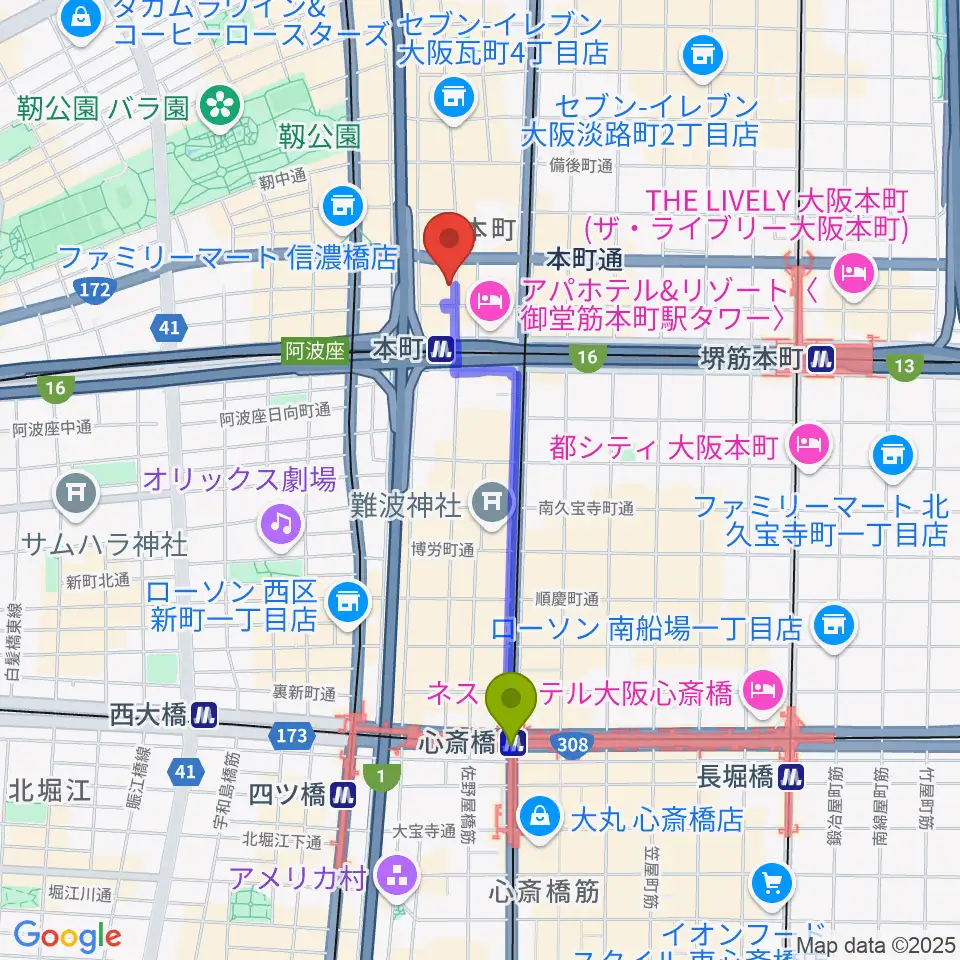 心斎橋駅から凛ミュージック 本町ピアノサロンへのルートマップ地図