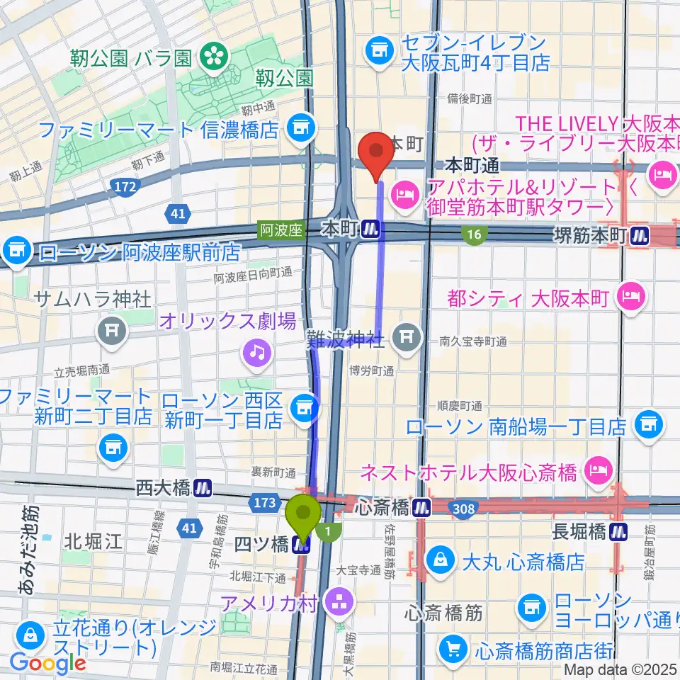 四ツ橋駅から凛ミュージック 本町ピアノサロンへのルートマップ地図