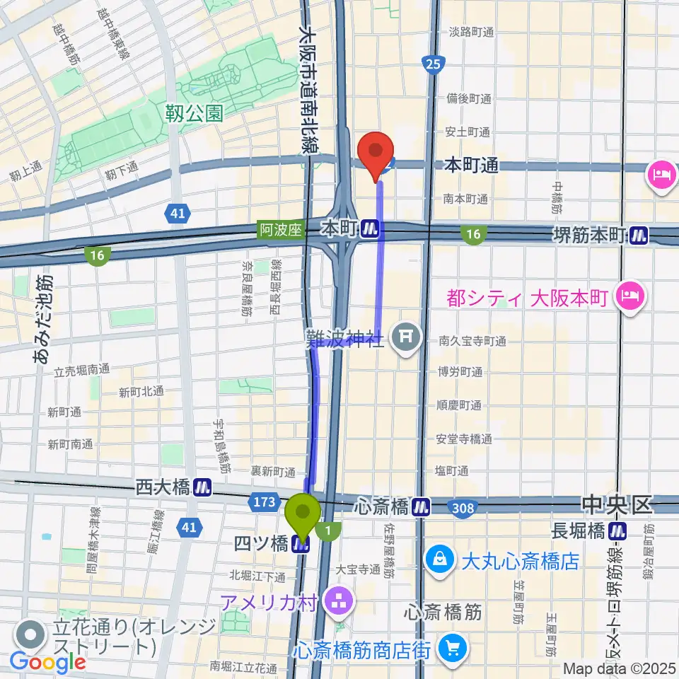 四ツ橋駅から凛ミュージック 本町ピアノサロンへのルートマップ地図