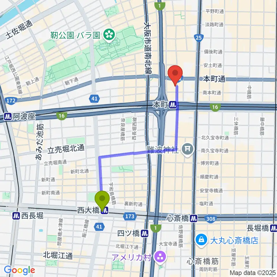 西大橋駅から凛ミュージック 本町ピアノサロンへのルートマップ地図
