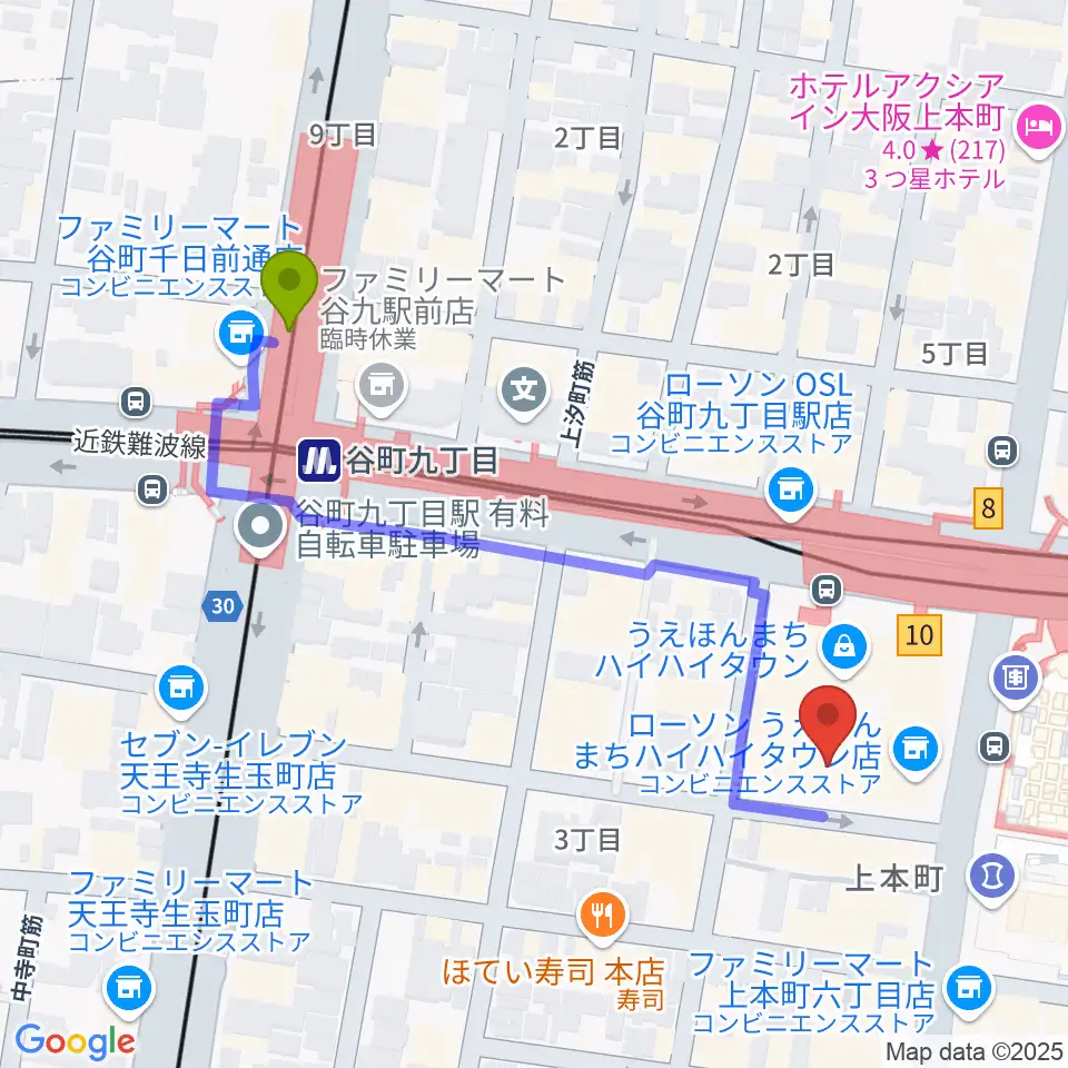 凛ミュージック 上本町ハイハイタウン教室の最寄駅谷町九丁目駅からの徒歩ルート 約5分 Mdata