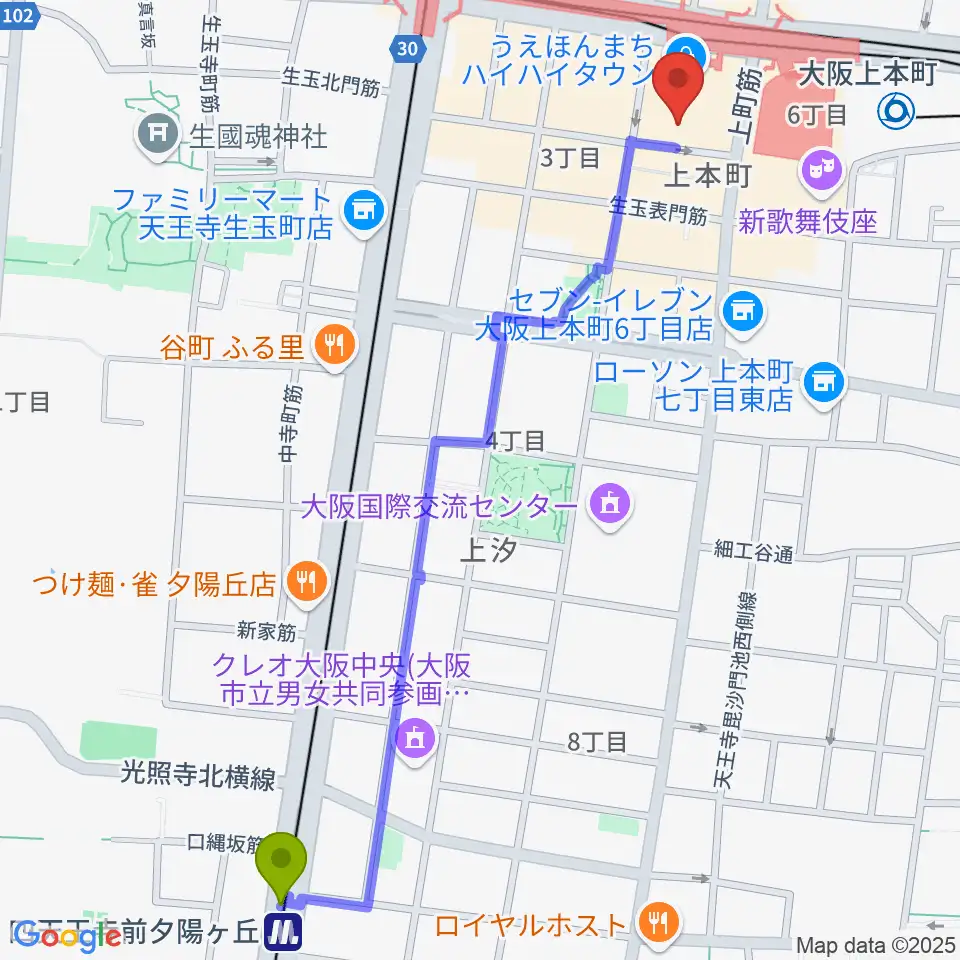 四天王寺前夕陽ヶ丘駅から凛ミュージック 上本町ハイハイタウン教室へのルートマップ地図