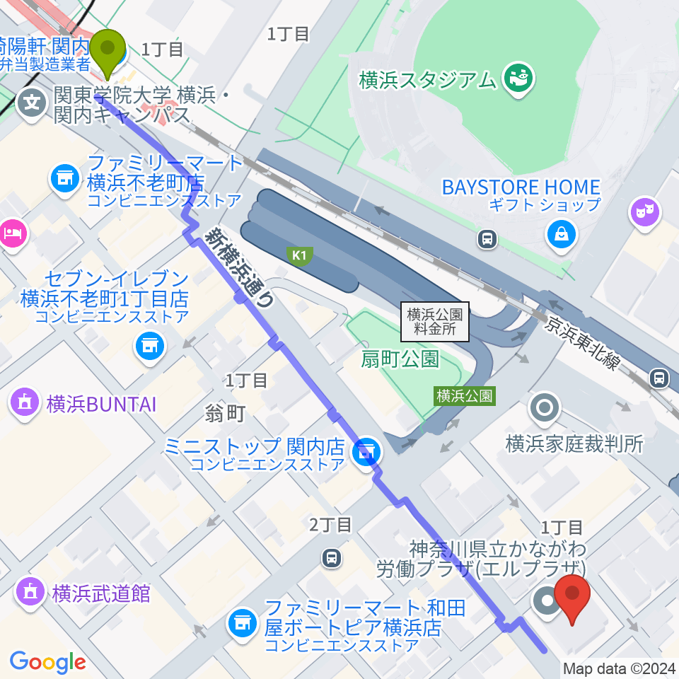 関内駅からかながわ労働プラザ 音楽スタジオへのルートマップ地図