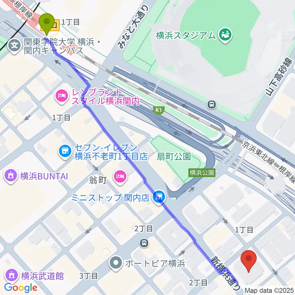 関内駅からかながわ労働プラザ 音楽スタジオへのルートマップ地図