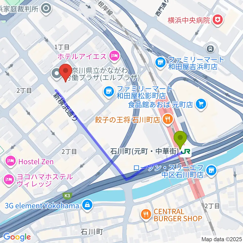 かながわ労働プラザ 音楽スタジオの最寄駅石川町駅からの徒歩ルート（約4分）地図