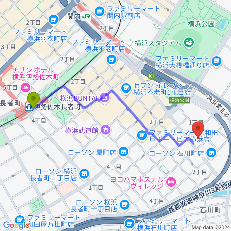 伊勢佐木長者町駅からかながわ労働プラザ 音楽スタジオへのルートマップ地図