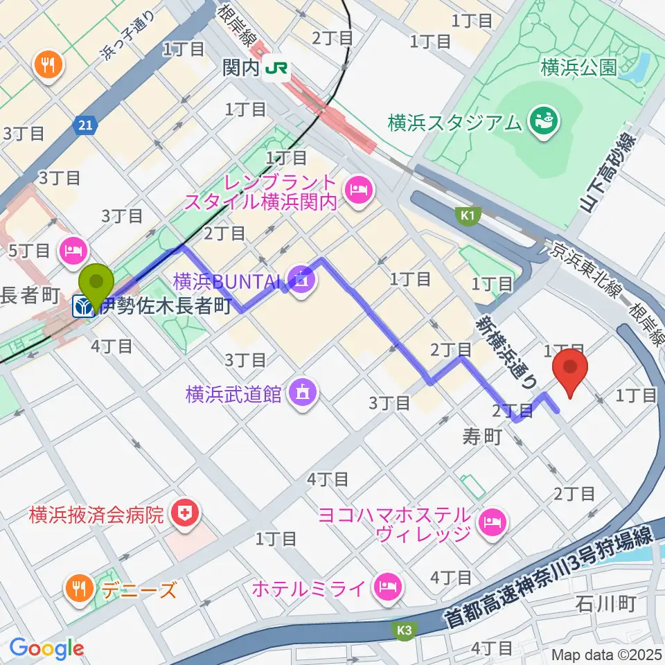 伊勢佐木長者町駅からかながわ労働プラザ 音楽スタジオへのルートマップ地図