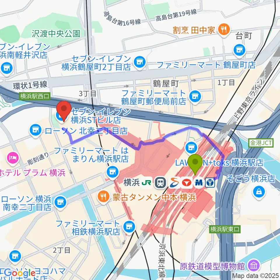 STスポットの最寄駅横浜駅からの徒歩ルート（約8分）地図