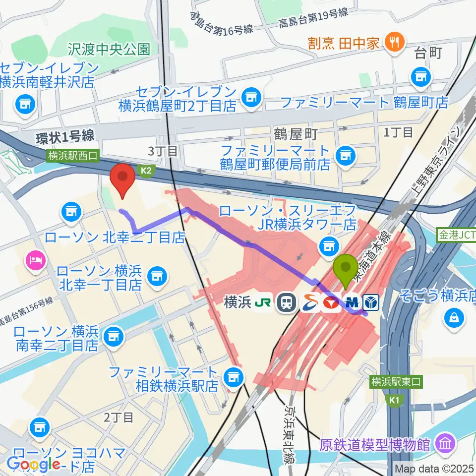 STスポットの最寄駅横浜駅からの徒歩ルート（約8分）地図