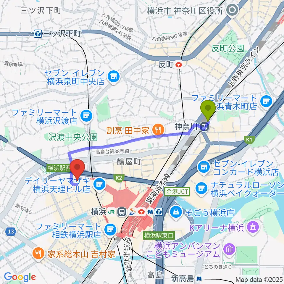 神奈川駅からSTスポットへのルートマップ地図