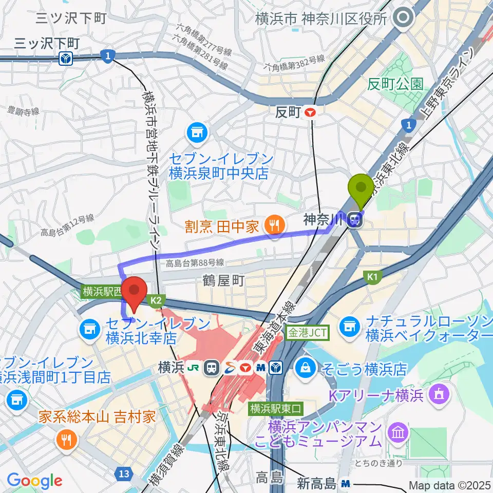 神奈川駅からSTスポットへのルートマップ地図