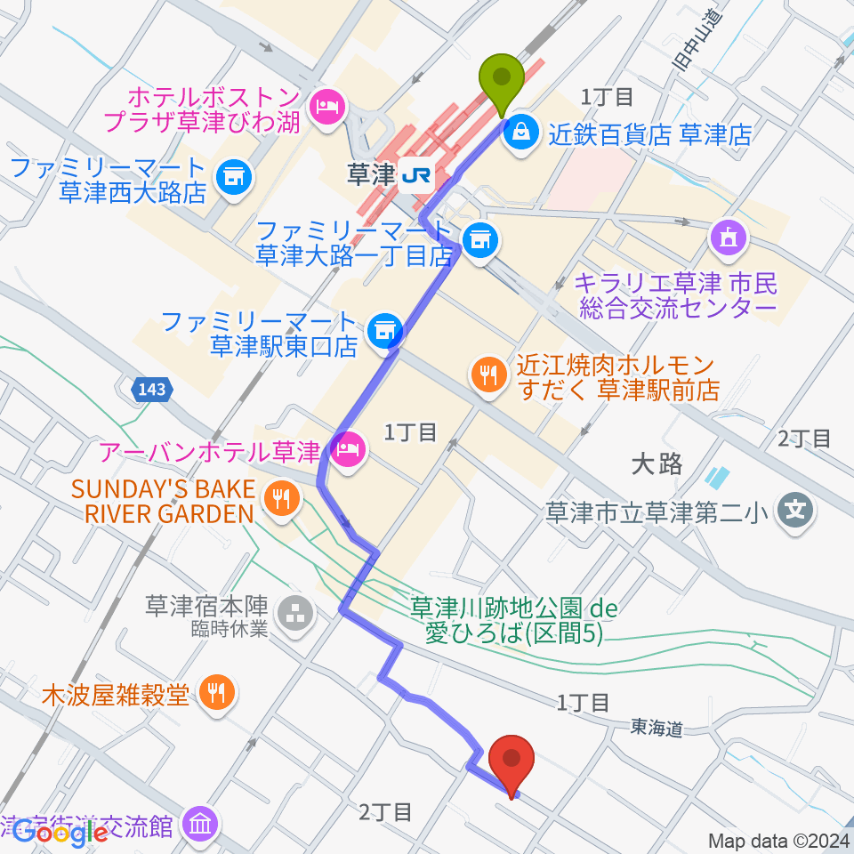 松尾ピアノ教室の最寄駅草津駅からの徒歩ルート（約12分）地図