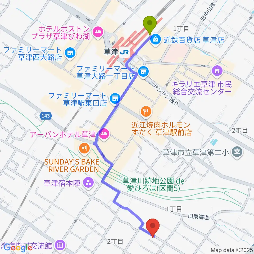 松尾ピアノ教室の最寄駅草津駅からの徒歩ルート（約12分）地図
