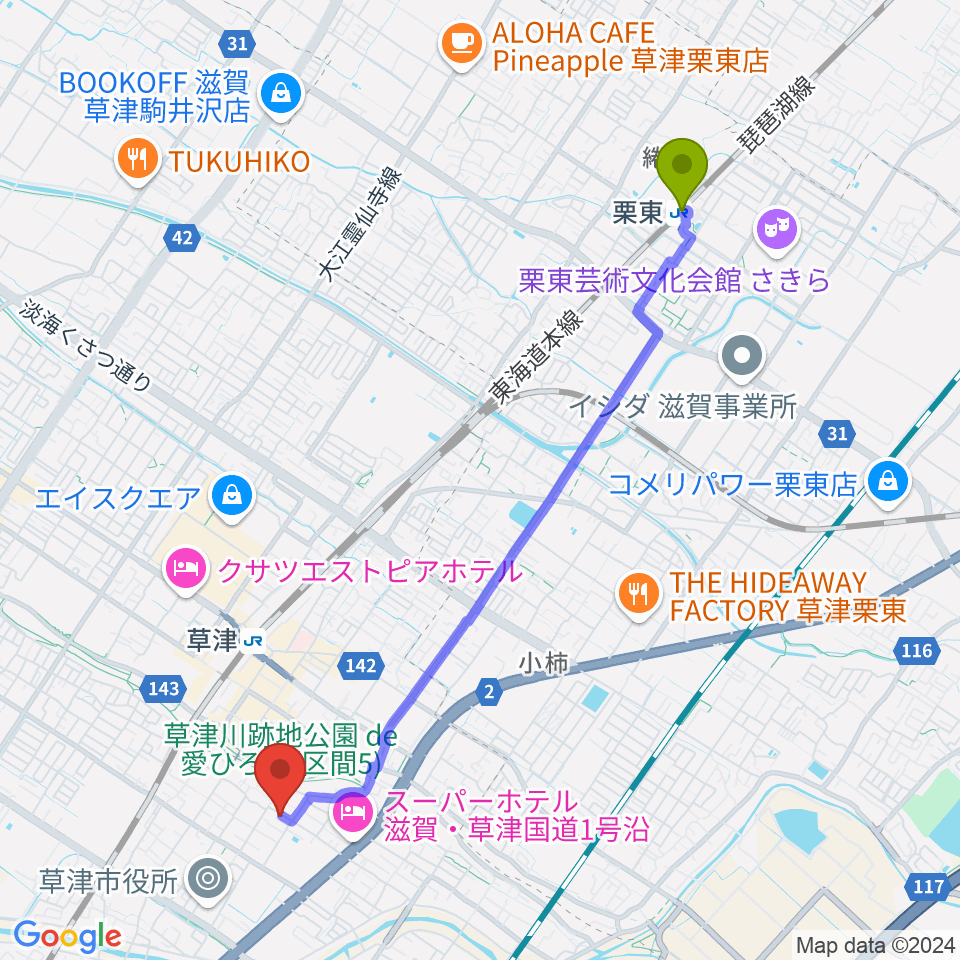 栗東駅から松尾ピアノ教室へのルートマップ地図