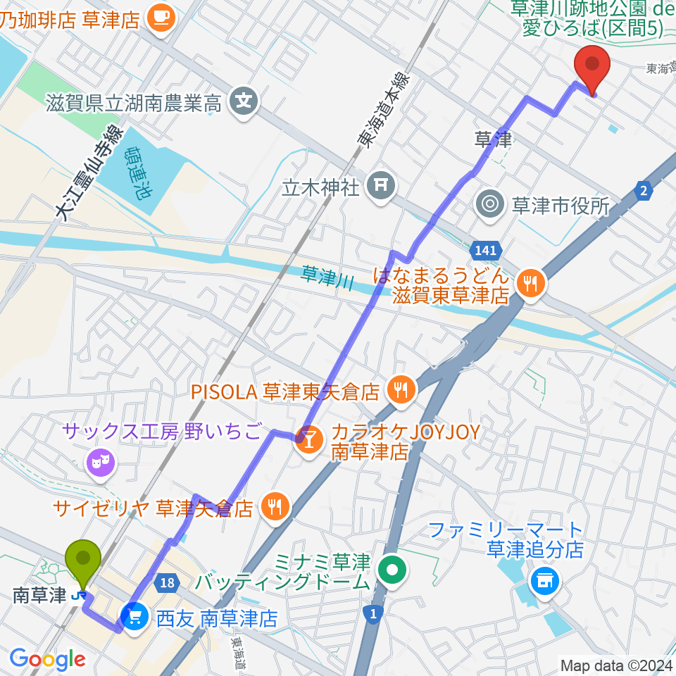 南草津駅から松尾ピアノ教室へのルートマップ地図