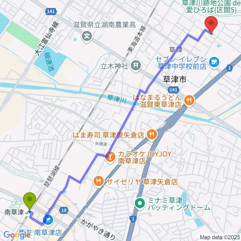 南草津駅から松尾ピアノ教室へのルートマップ地図
