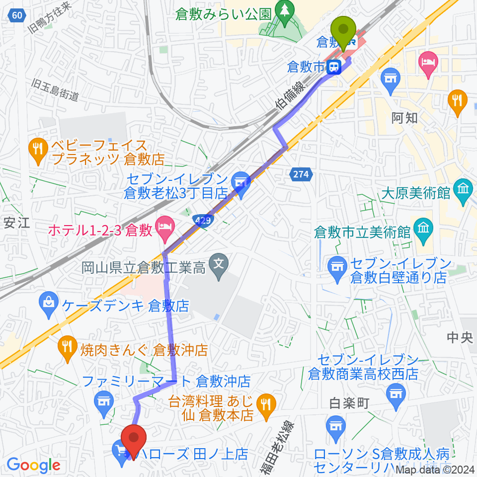 倉敷駅からミュージックアベニュー倉敷 ヤマハミュージックへのルートマップ地図