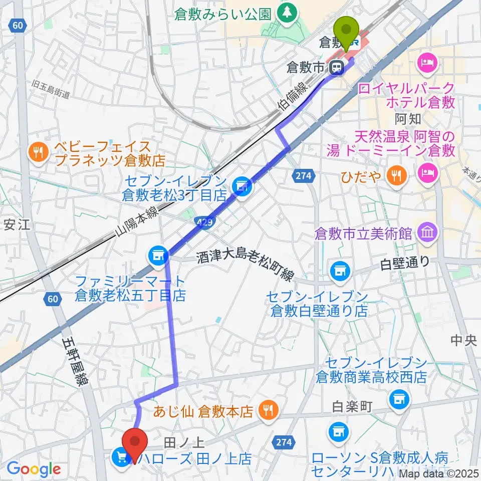 倉敷駅からミュージックアベニュー倉敷 ヤマハミュージックへのルートマップ地図