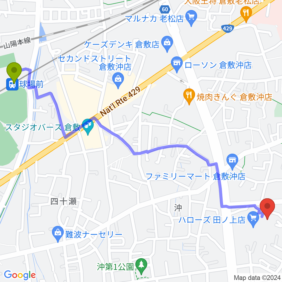ミュージックアベニュー倉敷 ヤマハミュージックの最寄駅球場前駅からの徒歩ルート（約16分）地図