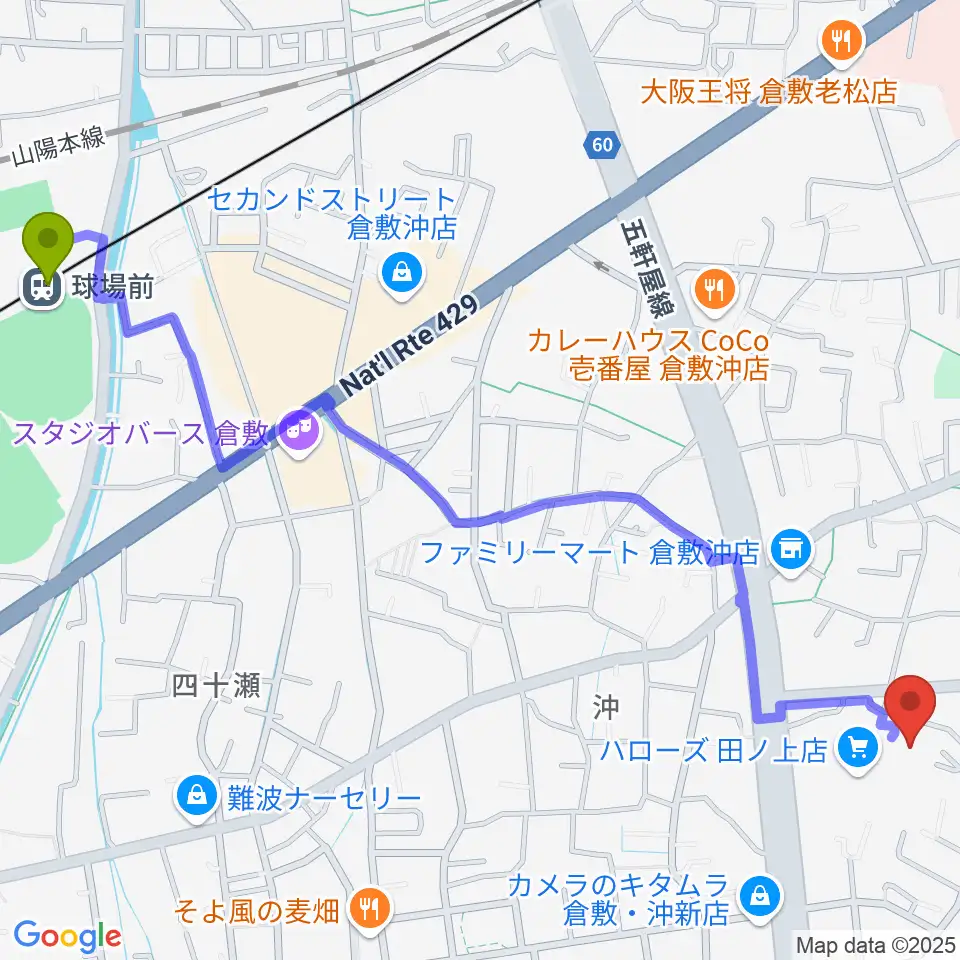 ミュージックアベニュー倉敷 ヤマハミュージックの最寄駅球場前駅からの徒歩ルート（約16分）地図