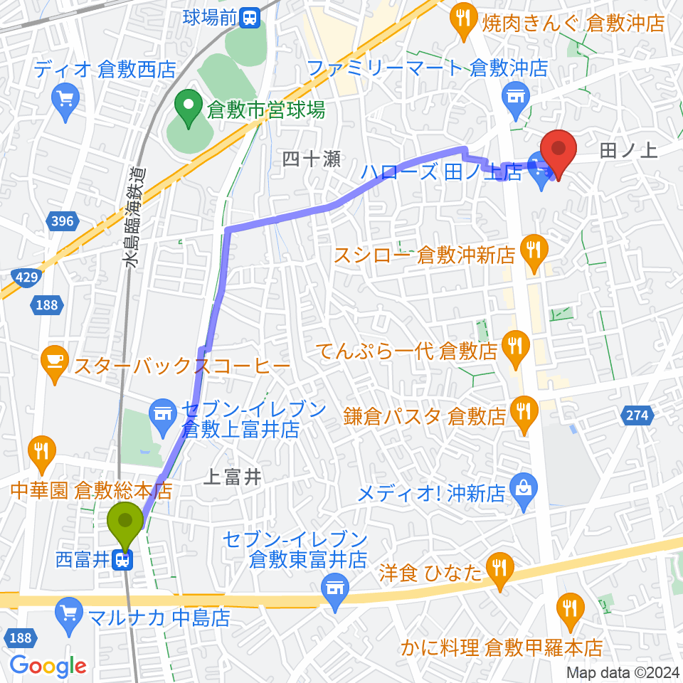 西富井駅からミュージックアベニュー倉敷 ヤマハミュージックへのルートマップ地図
