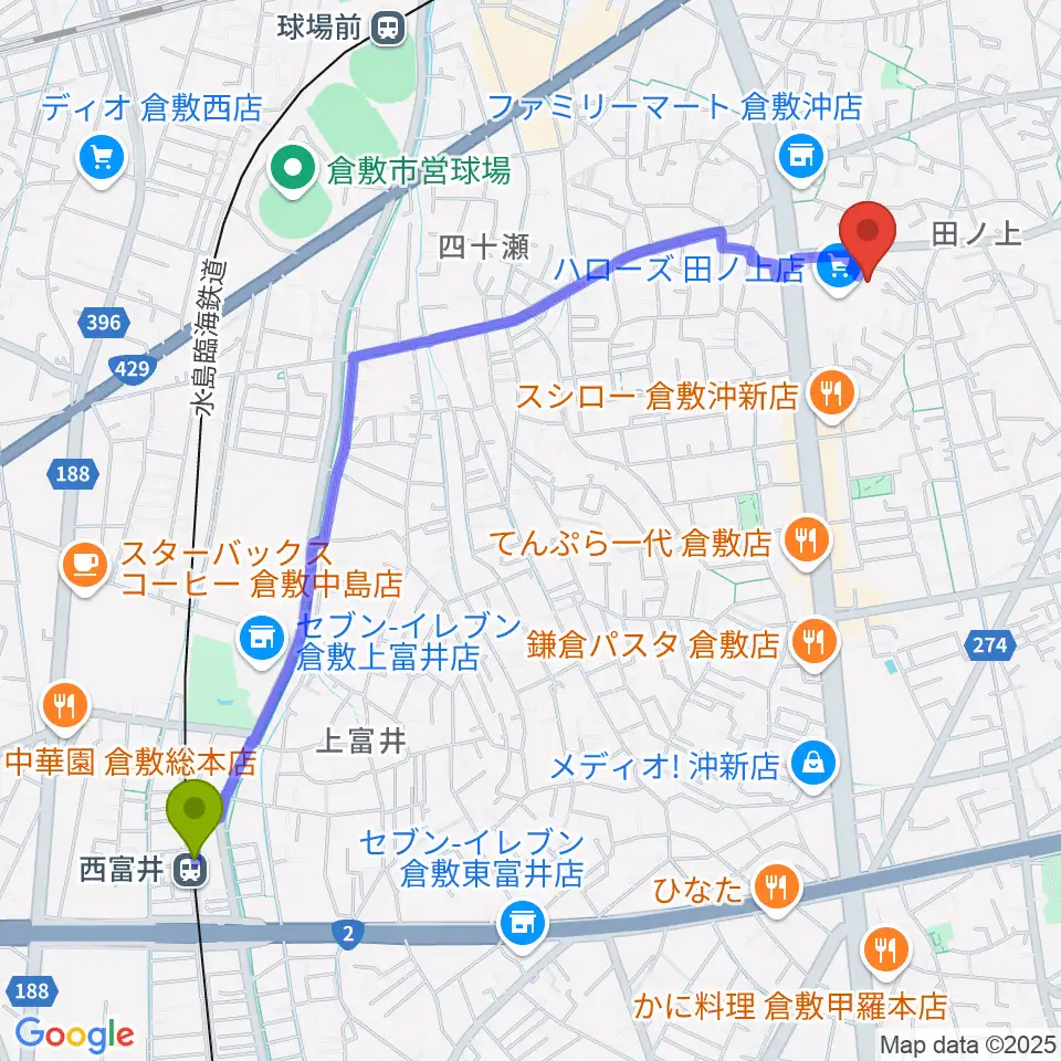 西富井駅からミュージックアベニュー倉敷 ヤマハミュージックへのルートマップ地図