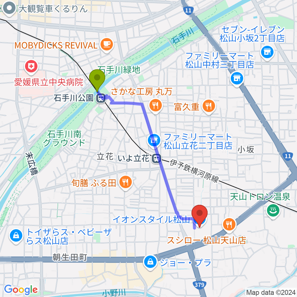 石手川公園駅からイオンスタイル松山センター ヤマハミュージックへのルートマップ地図