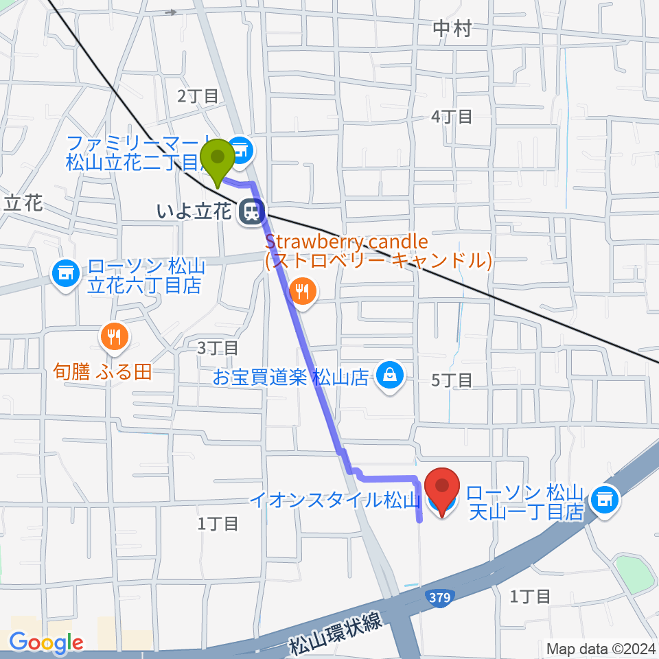 イオンスタイル松山センター ヤマハミュージックの最寄駅いよ立花駅からの徒歩ルート（約10分）地図