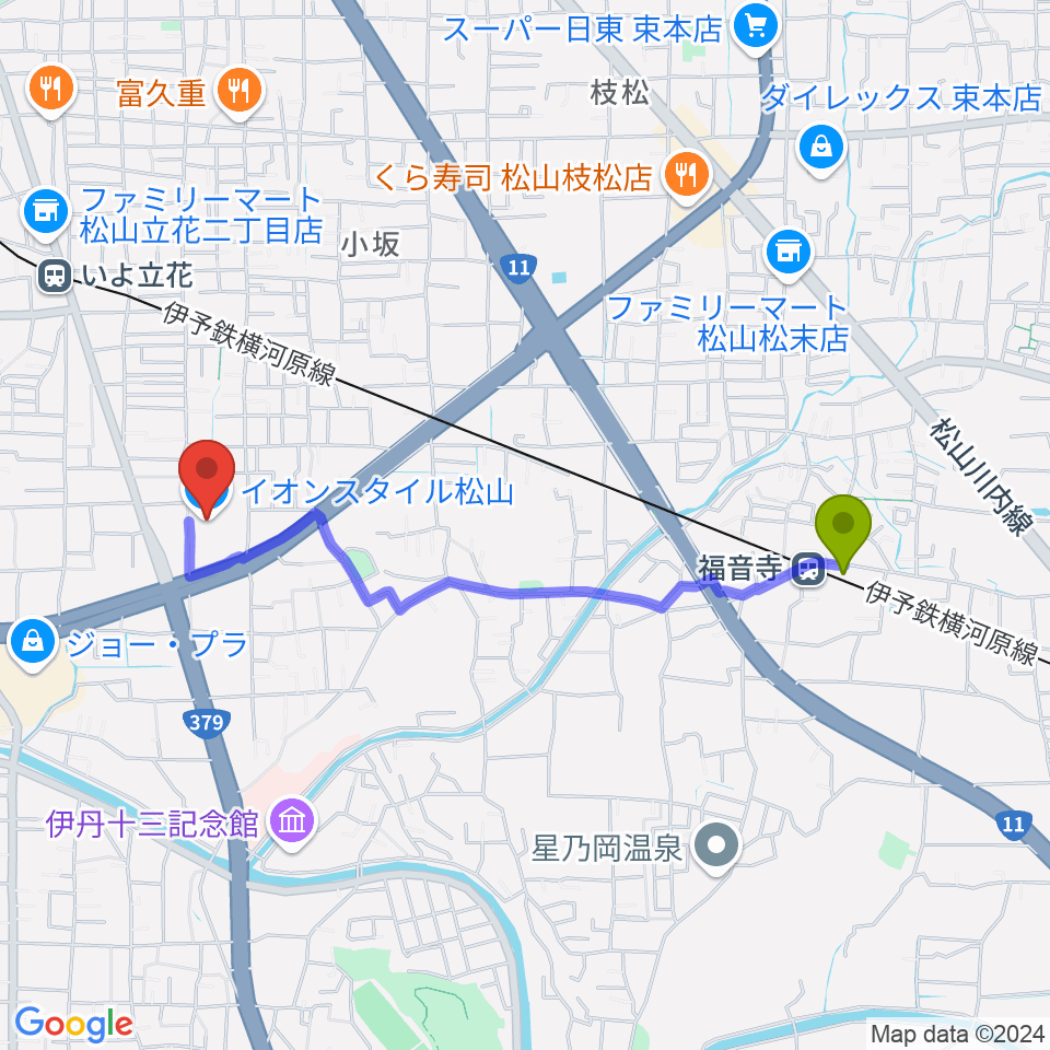 福音寺駅からイオンスタイル松山センター ヤマハミュージックへのルートマップ地図