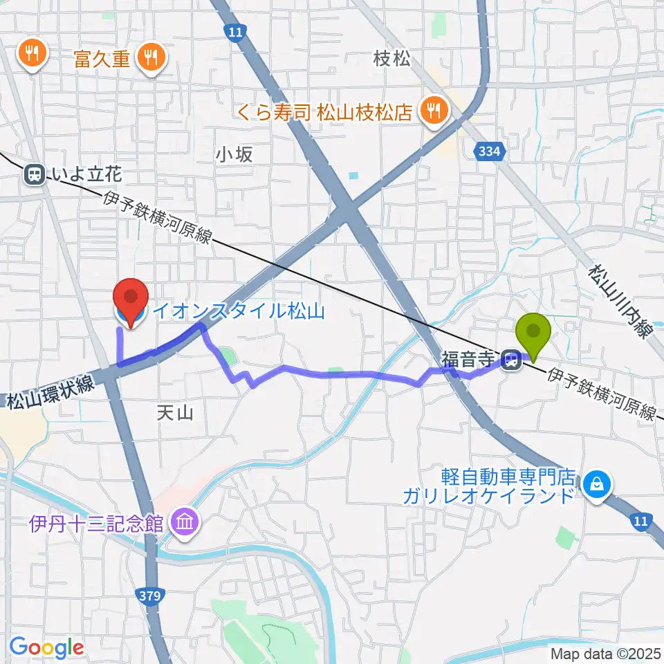 福音寺駅からイオンスタイル松山センター ヤマハミュージックへのルートマップ地図
