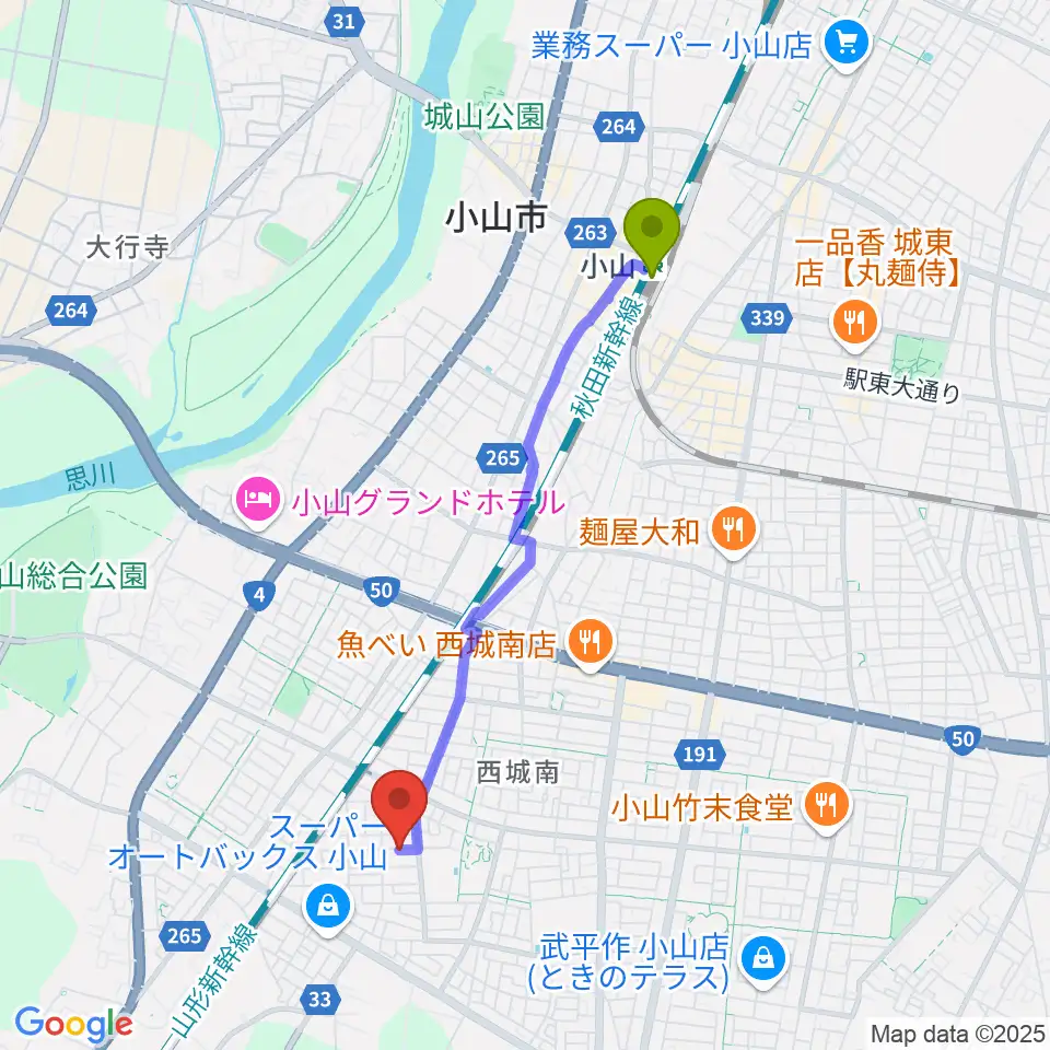 小山市の田中音楽教室の最寄駅小山駅からの徒歩ルート（約37分）地図