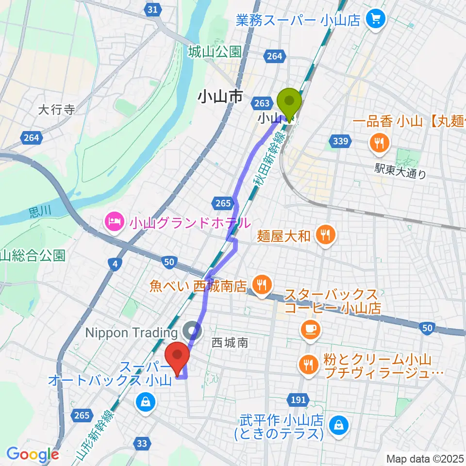 小山市の田中音楽教室の最寄駅小山駅からの徒歩ルート（約37分）地図