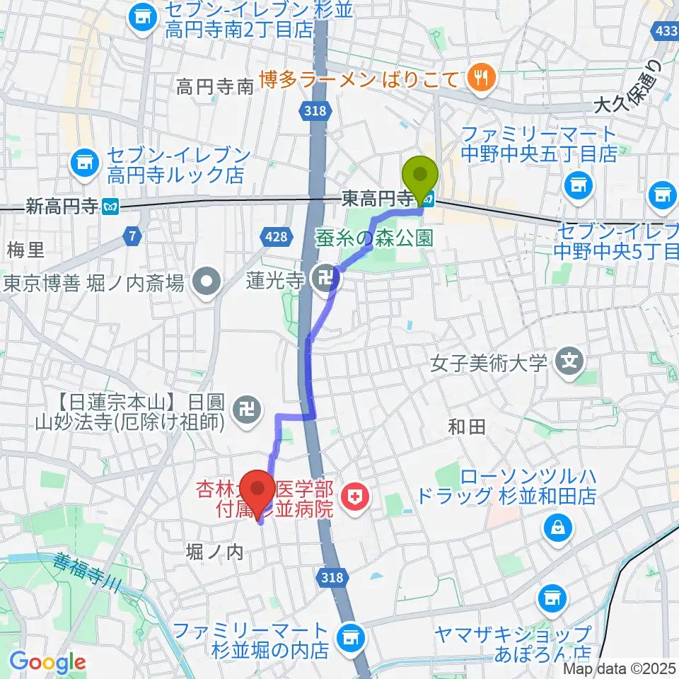 東高円寺駅からまつもと音楽教室へのルートマップ地図