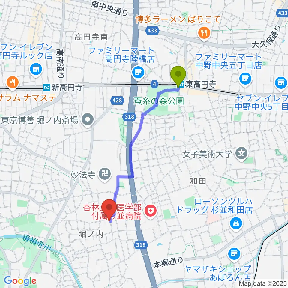 東高円寺駅からまつもと音楽教室へのルートマップ地図