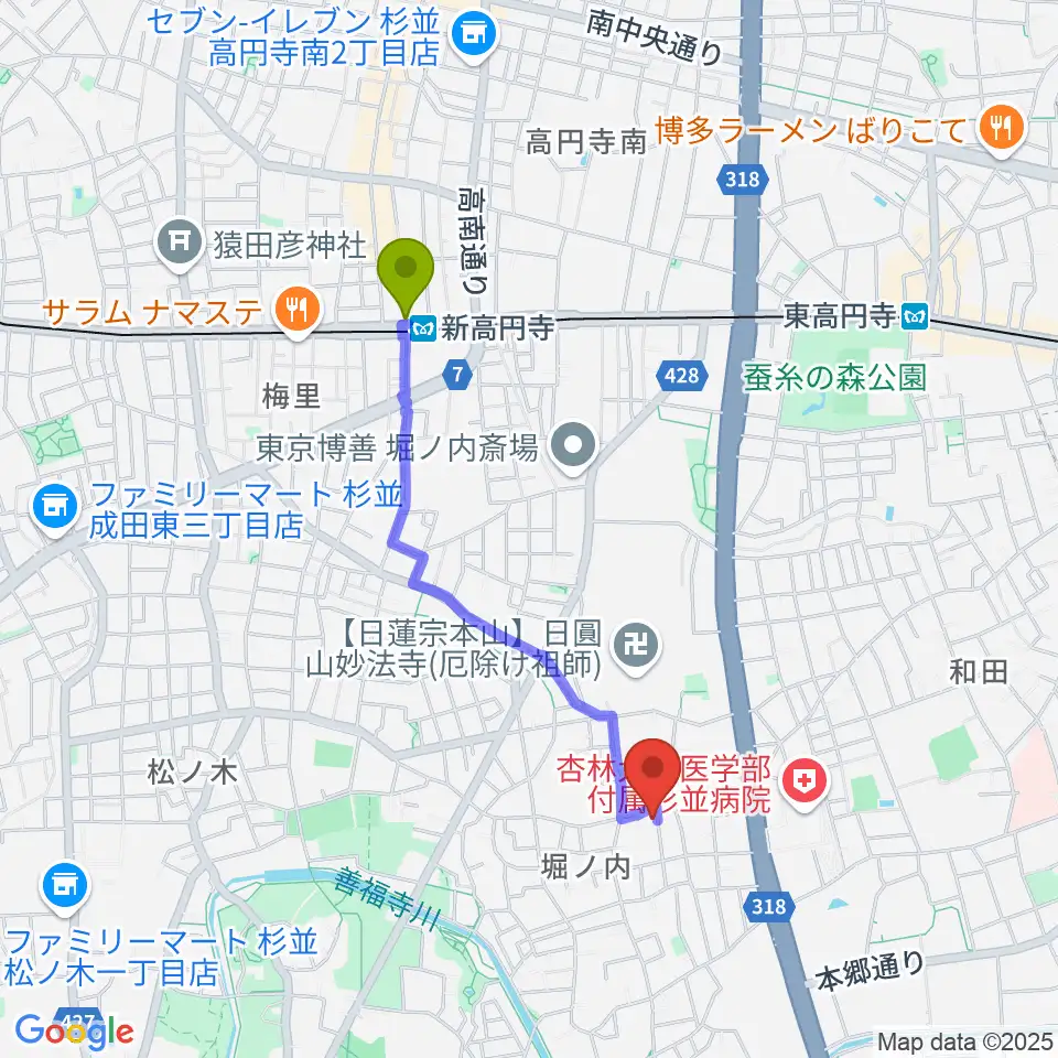 新高円寺駅からまつもと音楽教室へのルートマップ地図