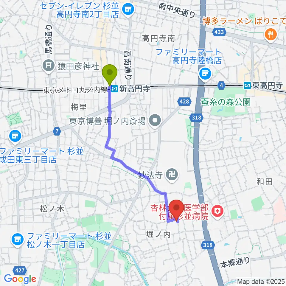 新高円寺駅からまつもと音楽教室へのルートマップ地図