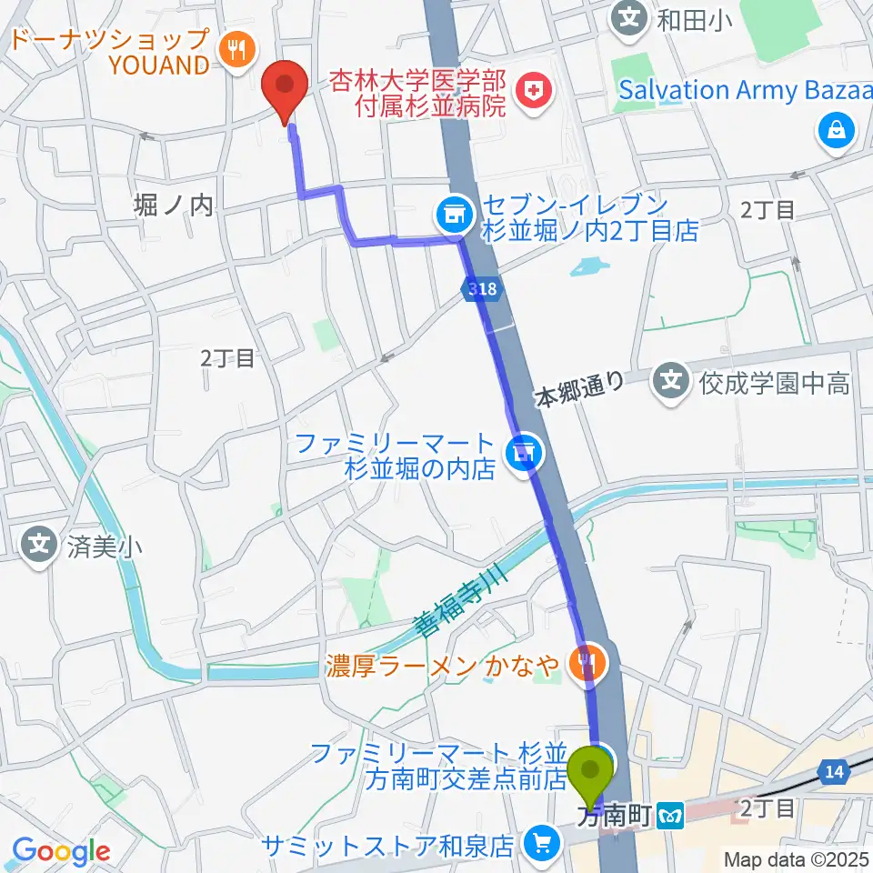 まつもと音楽教室の最寄駅方南町駅からの徒歩ルート（約13分）地図